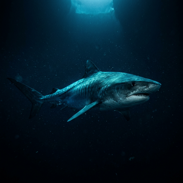 Massive Tiger Shark in Deep Ocean